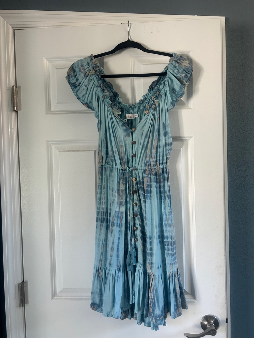 Tiare Hawaii Light Blue Tie-Dye Ruffle Off-Shoulder Button Dress